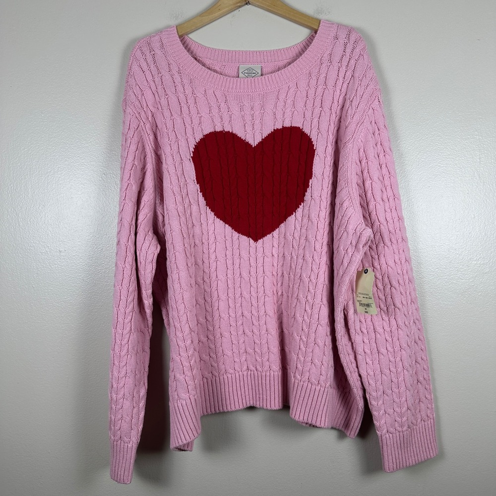 St‎ Johns Bay Womens 3X Pullover Sweater Pink Red Heart Cable Knit Love NEW